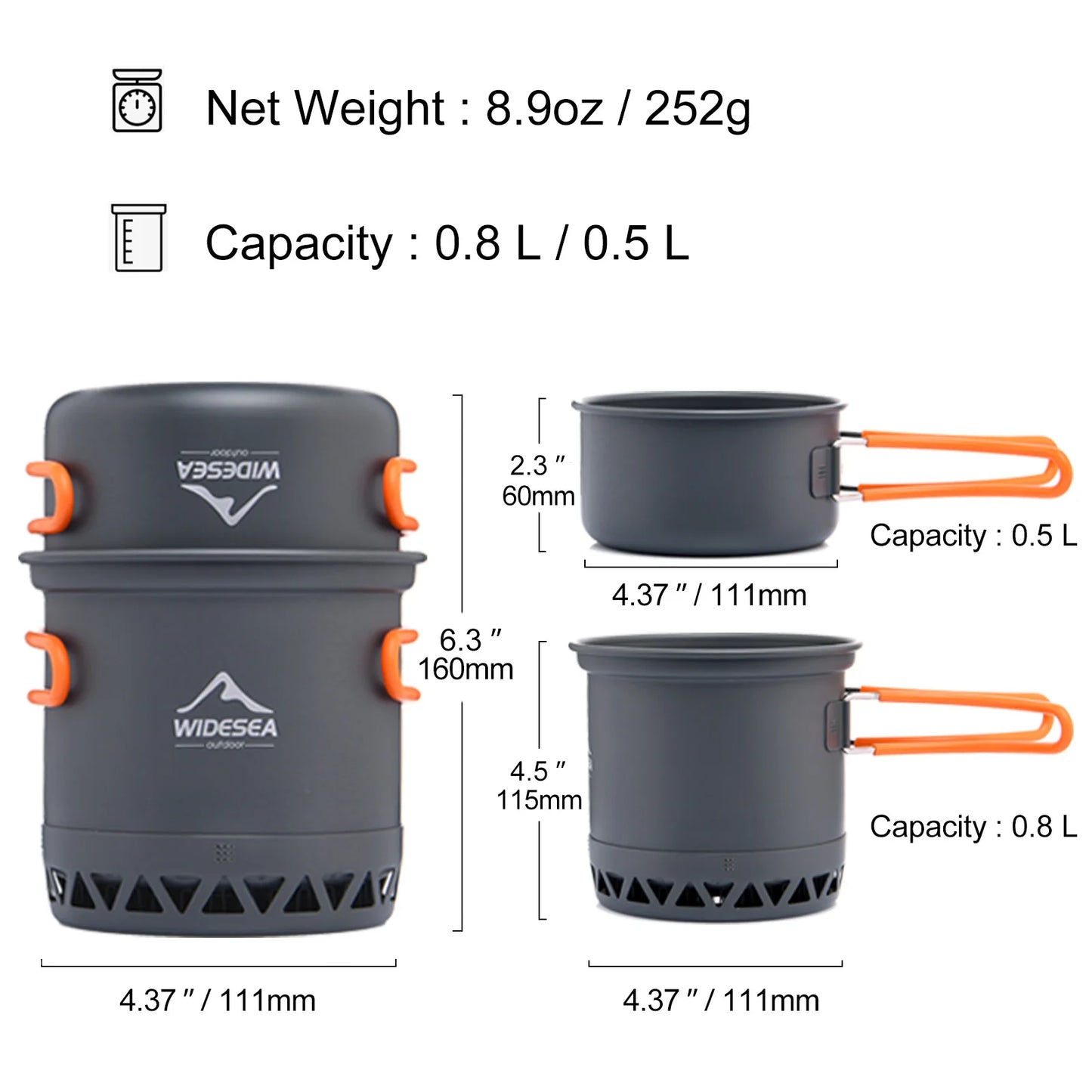 Camping 1.3L, 2.3L Cookware Outdoor Cooking Set Heat Cooker Travel Tableware Pot Kettle Tourist Kitchen Utensil Equipment