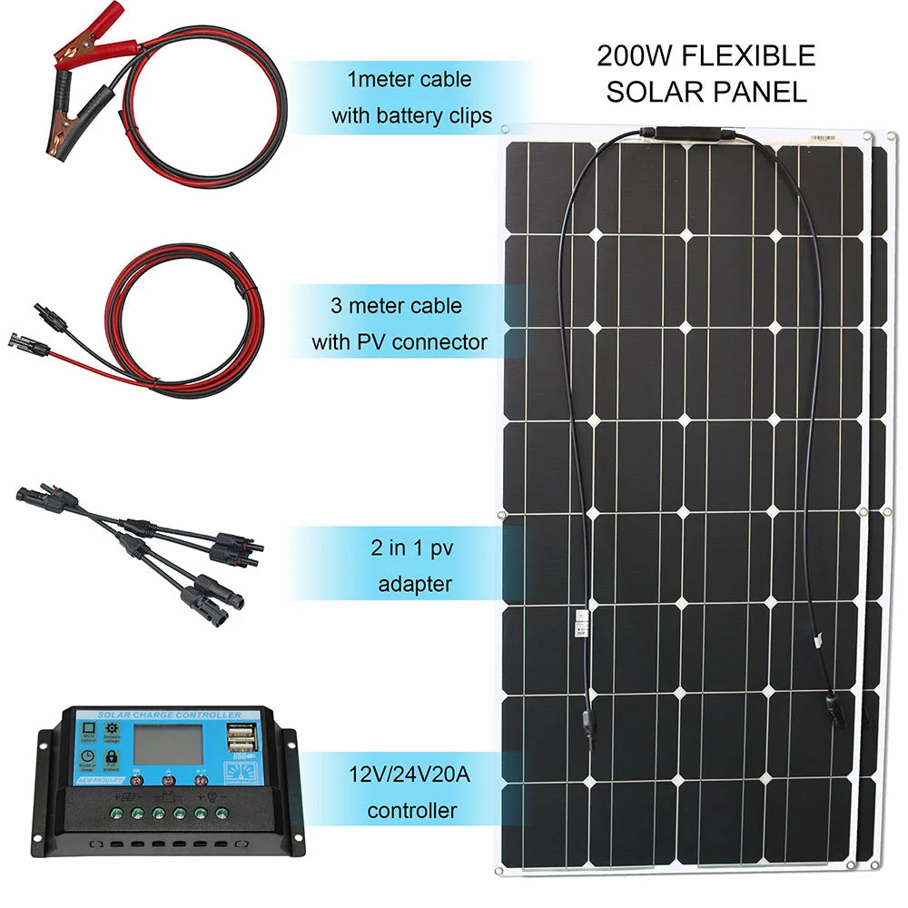 12V Flexible Solar Panel Kit 100W 200W 300W Solar Panels with Solar Controller for Boat, Car, RV, and Battery Charger