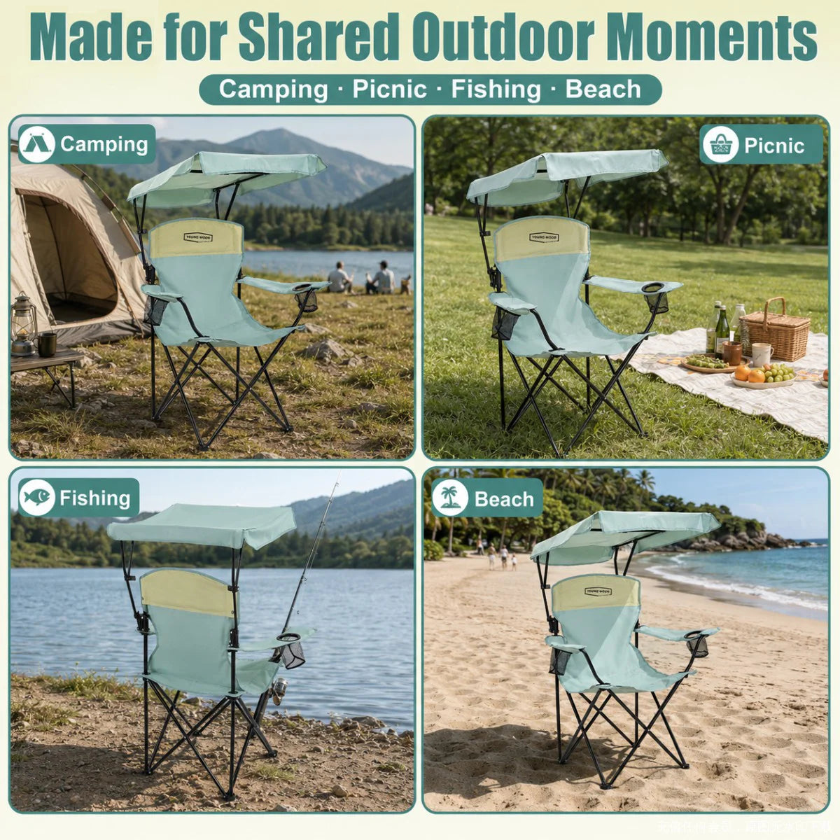Portable Beach Chair with Cup Holder & Side Pocket, Duty Lawn Chair with Carry Bag for Camping, Beach, Fishing, Patio, Hiking, Outdoor Folding Camping Chair with Adjustable Canopy