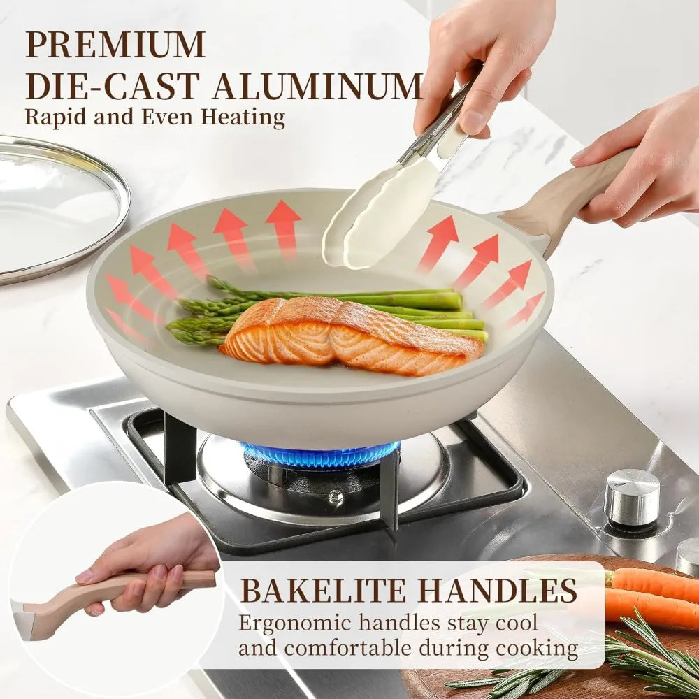 16Pcs Ceramic Nonstick Pots and Pans Set, Includes 9.5" Grill Pan, Induction Compatible, PTFE & PFOA Free, White Stackable Cookware for RV Camping