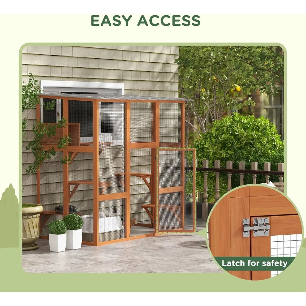 Catio Outdoor Cat Enclosure Window Box, Wooden Cat House Playground with Scratching Posts, Weather Protection Roof