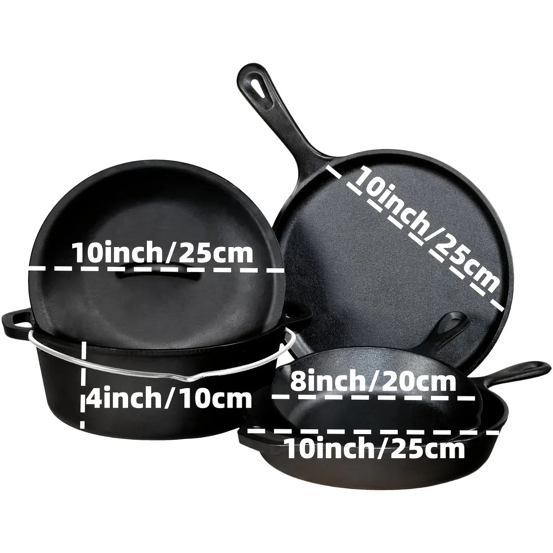 3 PCS Cast Iron Skillet Set (6/8/10 Inch)  Pre-Seasoned, Heavy-Duty Pans for Oven, Grill & Campfire, Even Heat, Non-Stick Surface