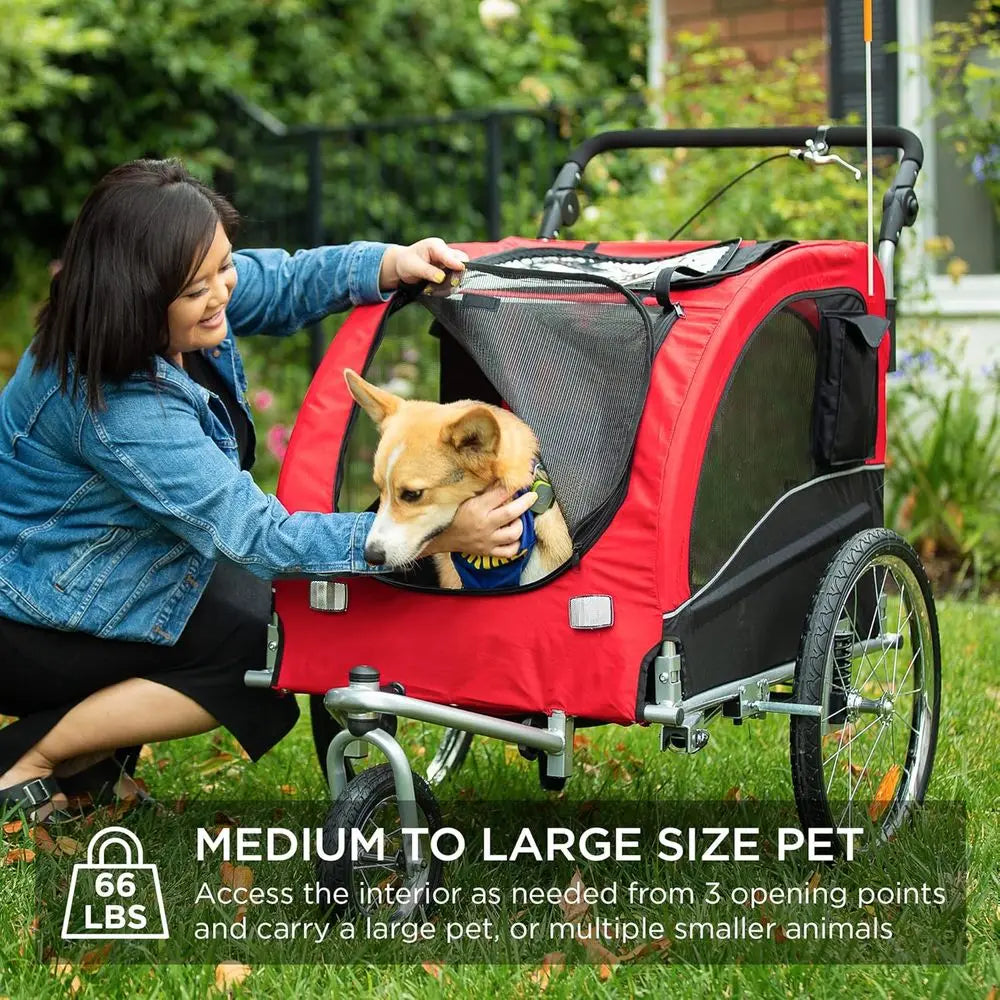 2-in-1 Dog Bike Trailer, Pet Stroller Cycle Carrier w/Hitch, Suspension, Visibility Flag and Reflect, 66 lb Weight Capacity
