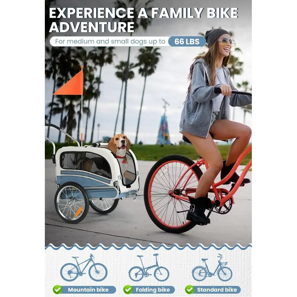 2-in-1 Pet Bicycle Trailer with a 6" Stroller Wheel, Suitable for Small and Medium Dogs, Carrier Up to 66/88 LBS, Easy Folding Cart