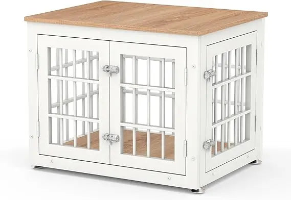 Sturdy 26 Dog Crate as Furniture for Small Breeds, Ornamental Wooden Pet House, Indoor Kennel Table in White