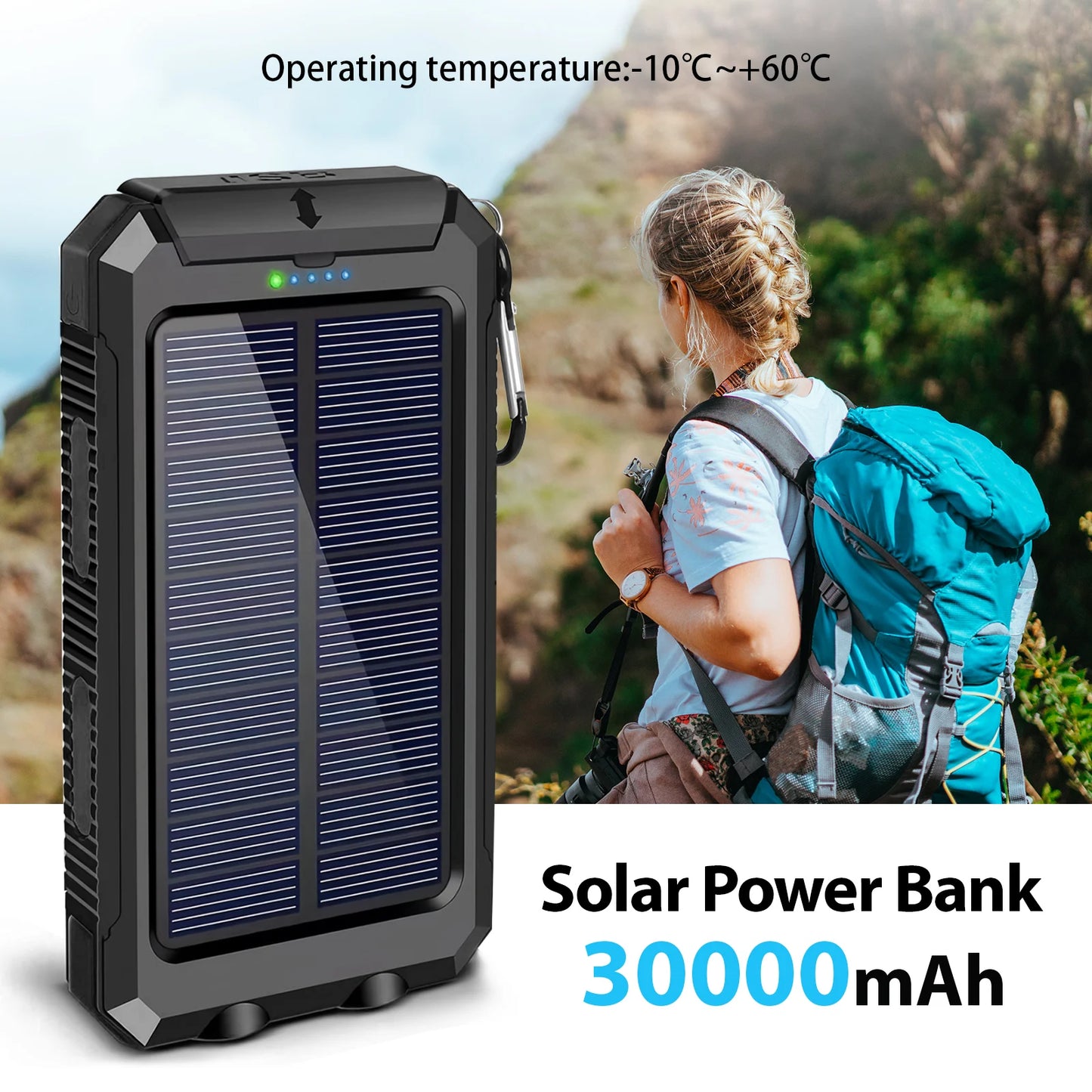 30000mAh Solar Power Bank Portable Charging Powerbank Dual 5V USB Ports 2 LED Light Flashlight for IPhones Outdoor Camping Hiking