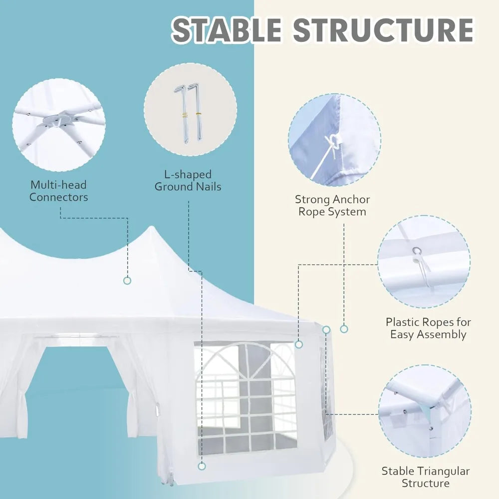 26' x 19' Party Tent, White Wedding Tent, Decagonal Heavy Duty Canopy with 8 Removable Sidewalls, 8 Church Windows, and 2 Pull-Back Doors
