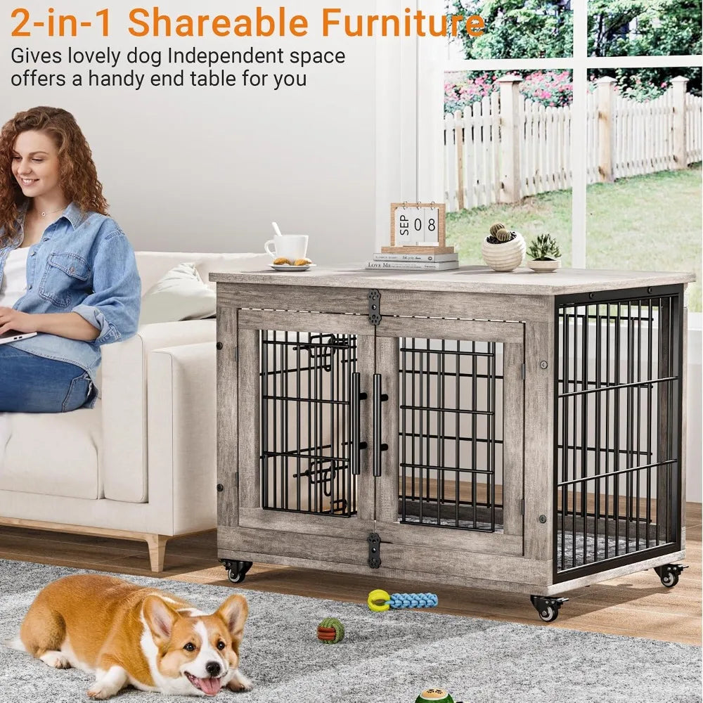 32'' Dog Crate Furniture for Medium Dogs, Indoor Kennel with Cushion & Wheels, Wooden End Table, Grey