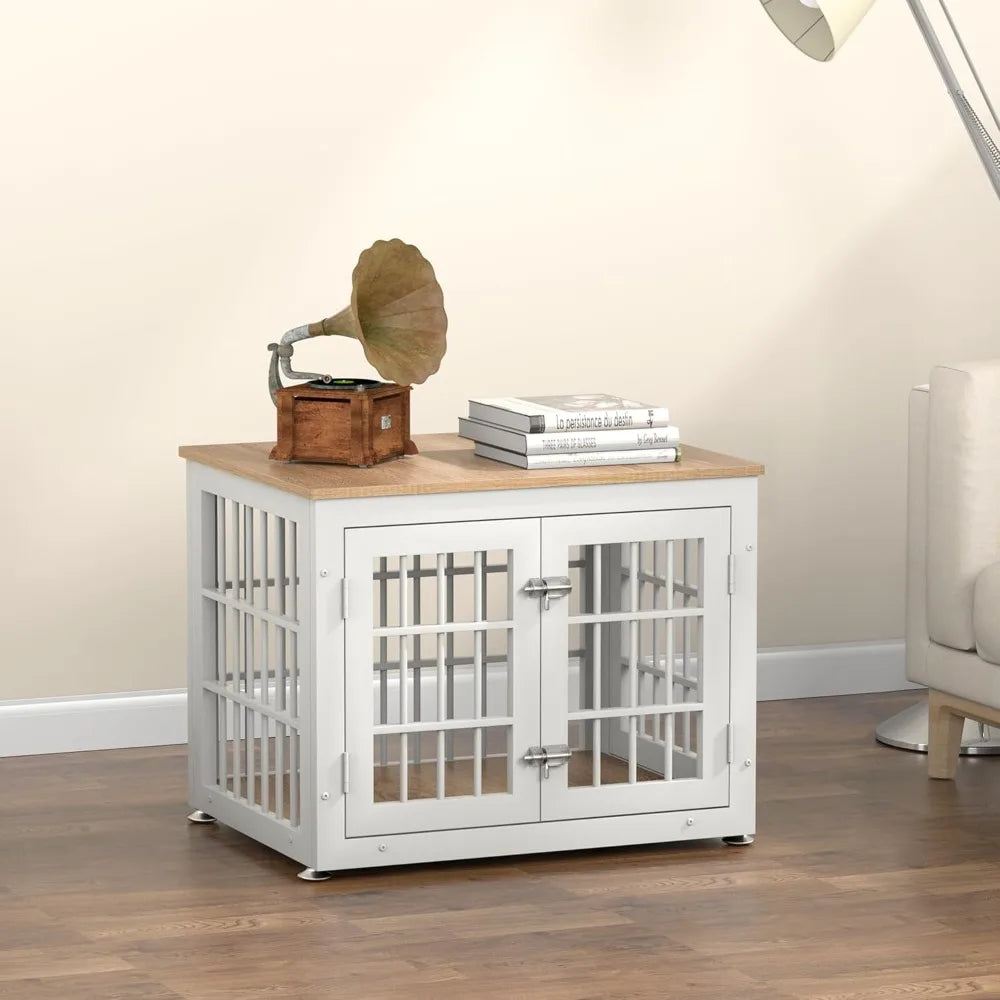 Sturdy 26 Dog Crate as Furniture for Small Breeds, Ornamental Wooden Pet House, Indoor Kennel Table in White