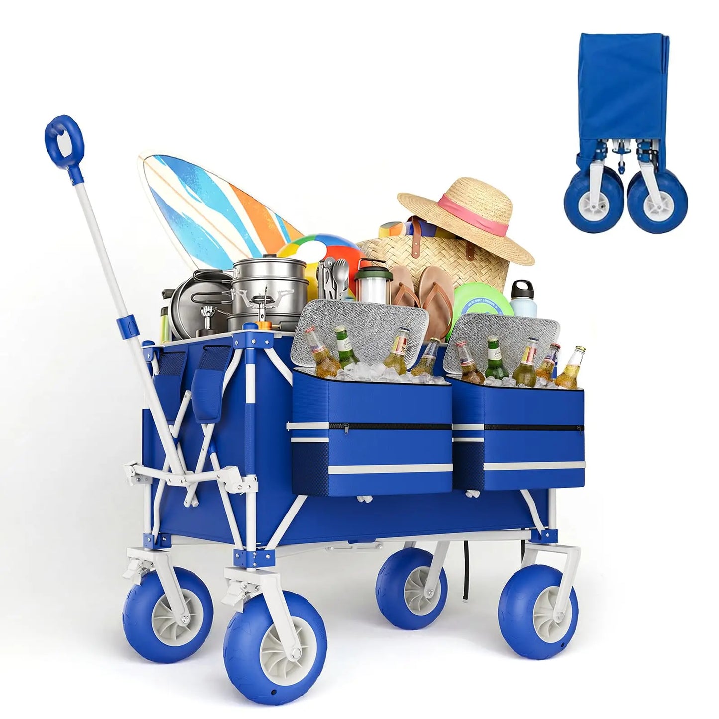 Heavy-Duty Beach Wagon Cart 460 LBS Folding Utility Wagon With 9" All-Terrain Wheels Adjustable Handle For Sand Camping