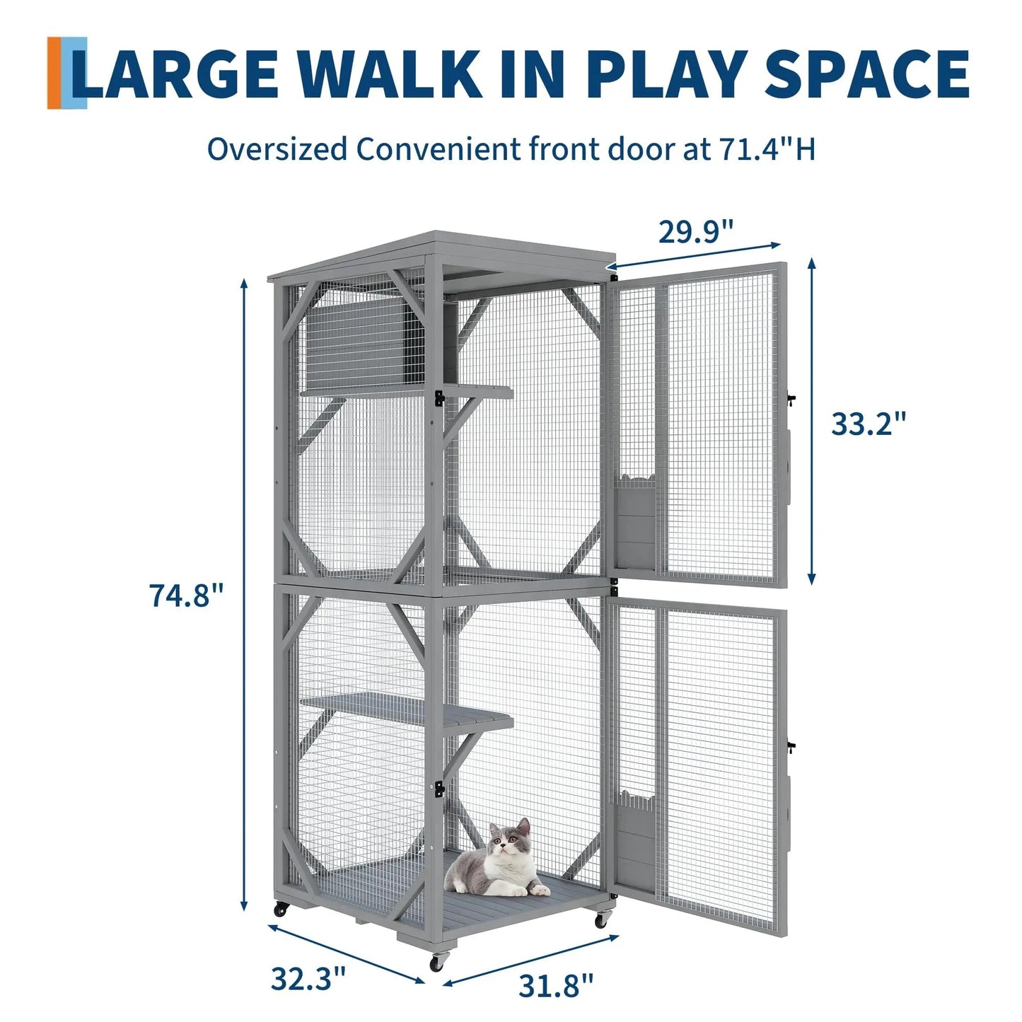 74.8" Large Catio Outdoor Cat Enclosure With 4 Lockable Wheels Weatherproof Multi-Door Cat House Patio Cattery For Multiple Cats