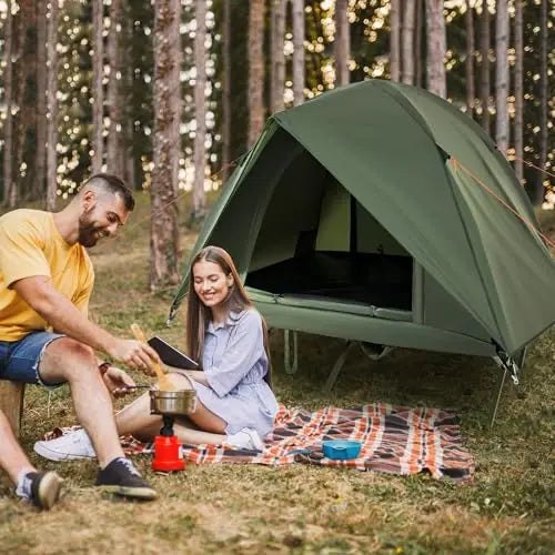 Elevated 2-Person Camping Tent With Integrated Cot, Removable Rainfly, Sturdy Metal Frame, Non-Slip Pads, Wind Ropes And Stakes