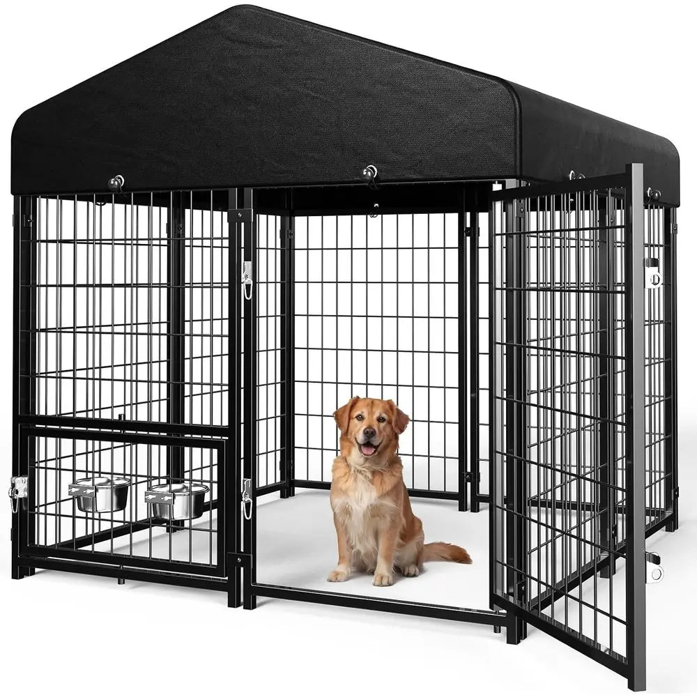Dog Kennel Outdoor, Outside Dog Kennel with Roof & Swivel Feeders/Removable Doggy Door Allows Connecting Your Dog House, Heavy Duty Door