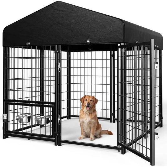 Dog Kennel Outdoor, Outside Dog Kennel with Roof & Swivel Feeders/Removable Doggy Door Allows Connecting Your Dog House, Heavy Duty Door