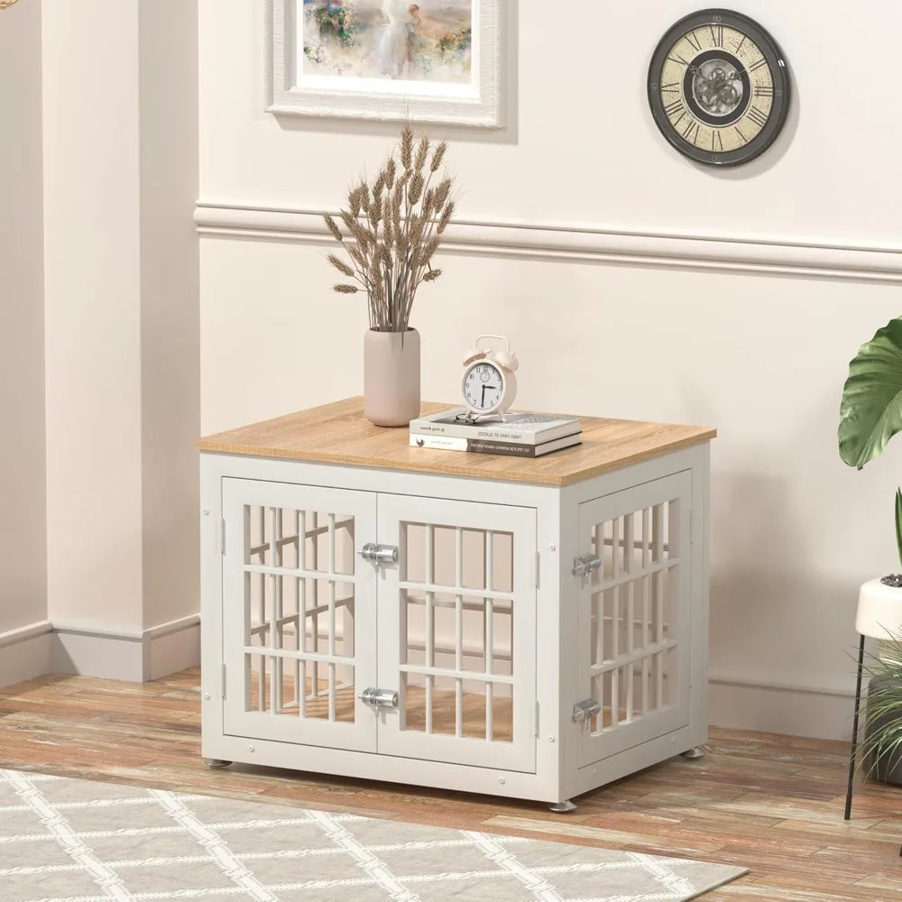 Sturdy 26 Dog Crate as Furniture for Small Breeds, Ornamental Wooden Pet House, Indoor Kennel Table in White