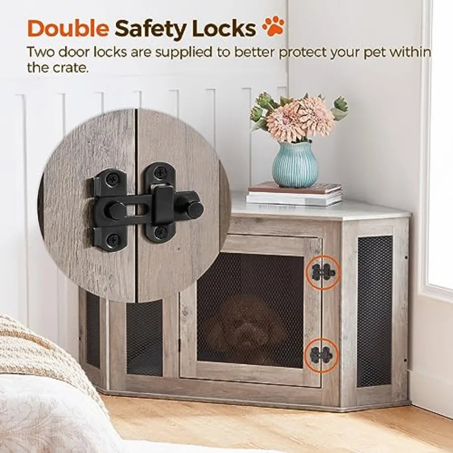 Corner Dog Crate Furniture, Wooden Dog Kennel End Table, Decorative Pet Crate Indoor Use, Furniture Style Dog House for Small to Medium Dog