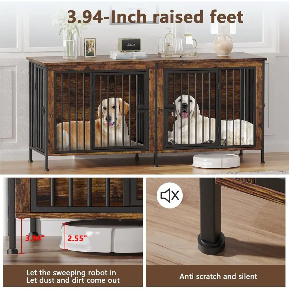 Sturdy Double Dog Crate Furniture, TV Stand Style, Suitable for 35-60 lb Dogs, Brown