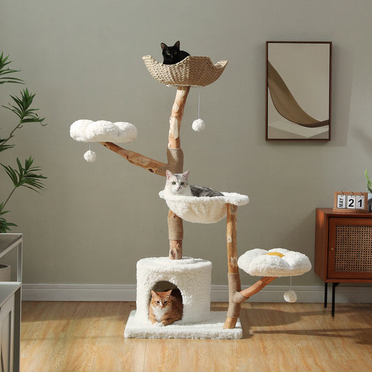 Solid Wood Cat Tree Modern Cat Tower with Spacious Cat Condo, Flower Perches, Fun Pompom, Double Comfort Perfect for Indoor Kittens