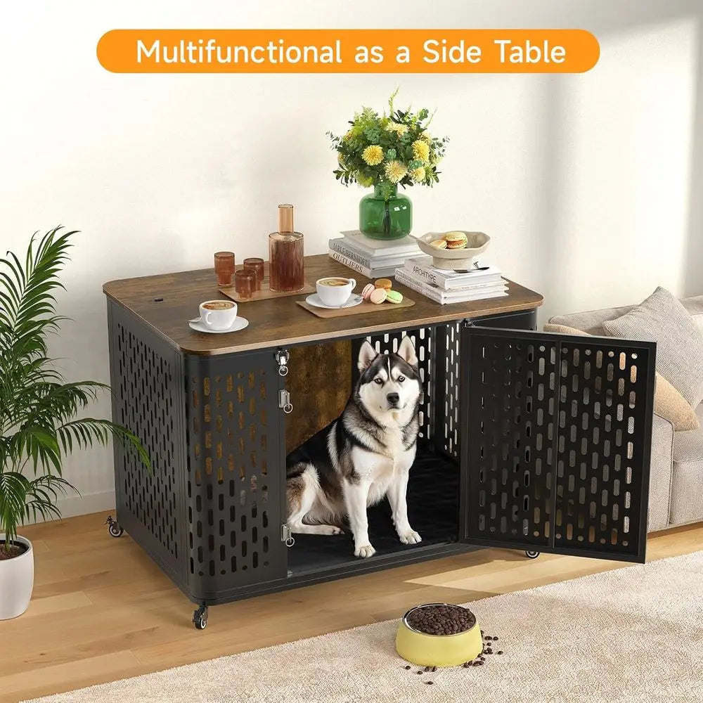 Heavy-Duty Dog Crate Furniture or Large and Medium Dogs, 43.7 Inch Large Dog Crate Kennel with Flip Top & Cushion & Wheels