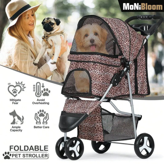 3 Wheels Pet Dog Cat Stroller For Small Medium Dogs Cats, Foldable Jogger Stroller W Storage Basket And Cup Holder