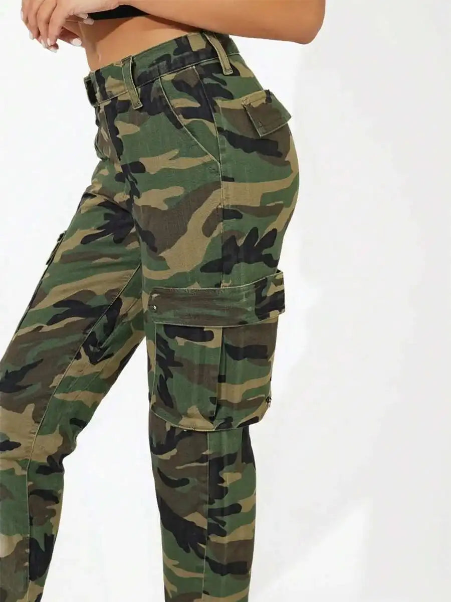Women Camo Cargo Jeans Stretch Straight Leg Utility Denim Pants Multi Pockets Streetwear