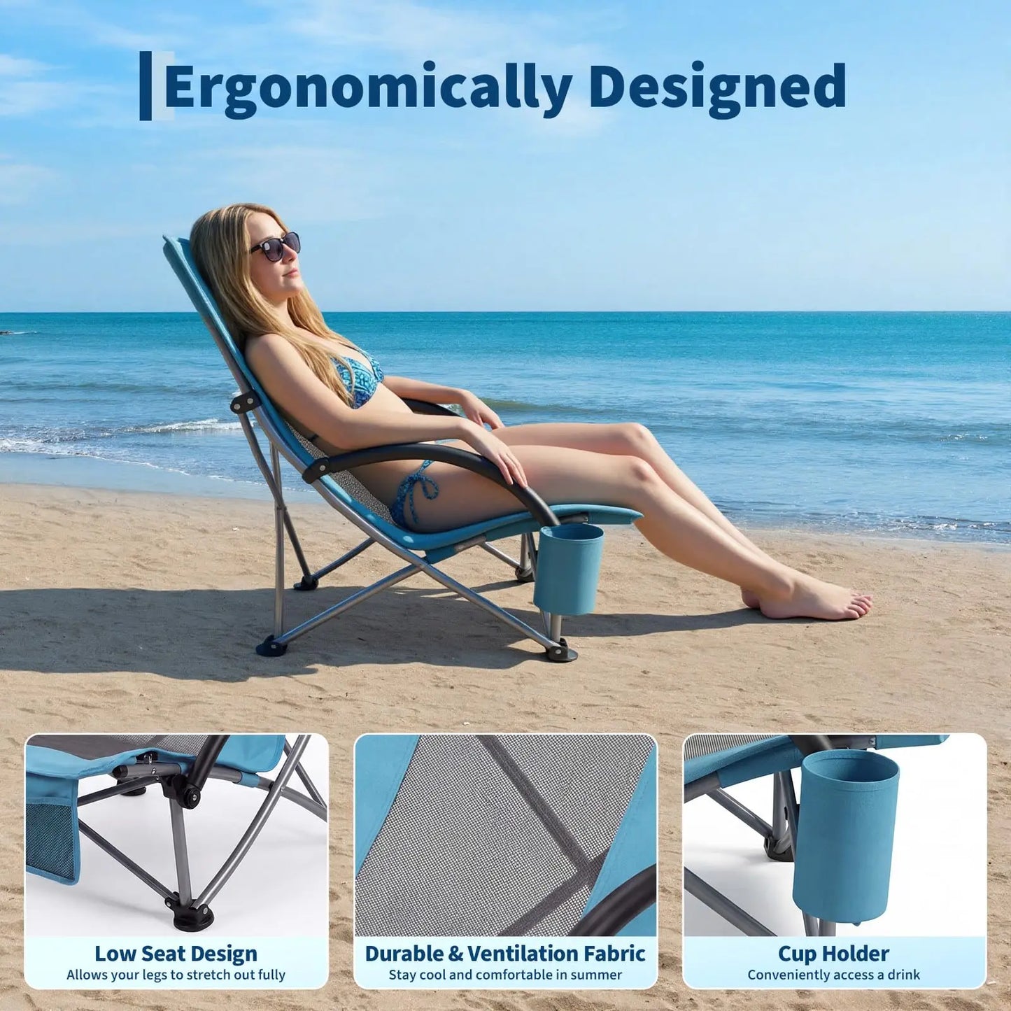 High Back Beach Chair, Folding Beach Chairs, Extra Wide Seat Chair with Cup Holder, Storage Pocket & Carry Bag for Camping Travel