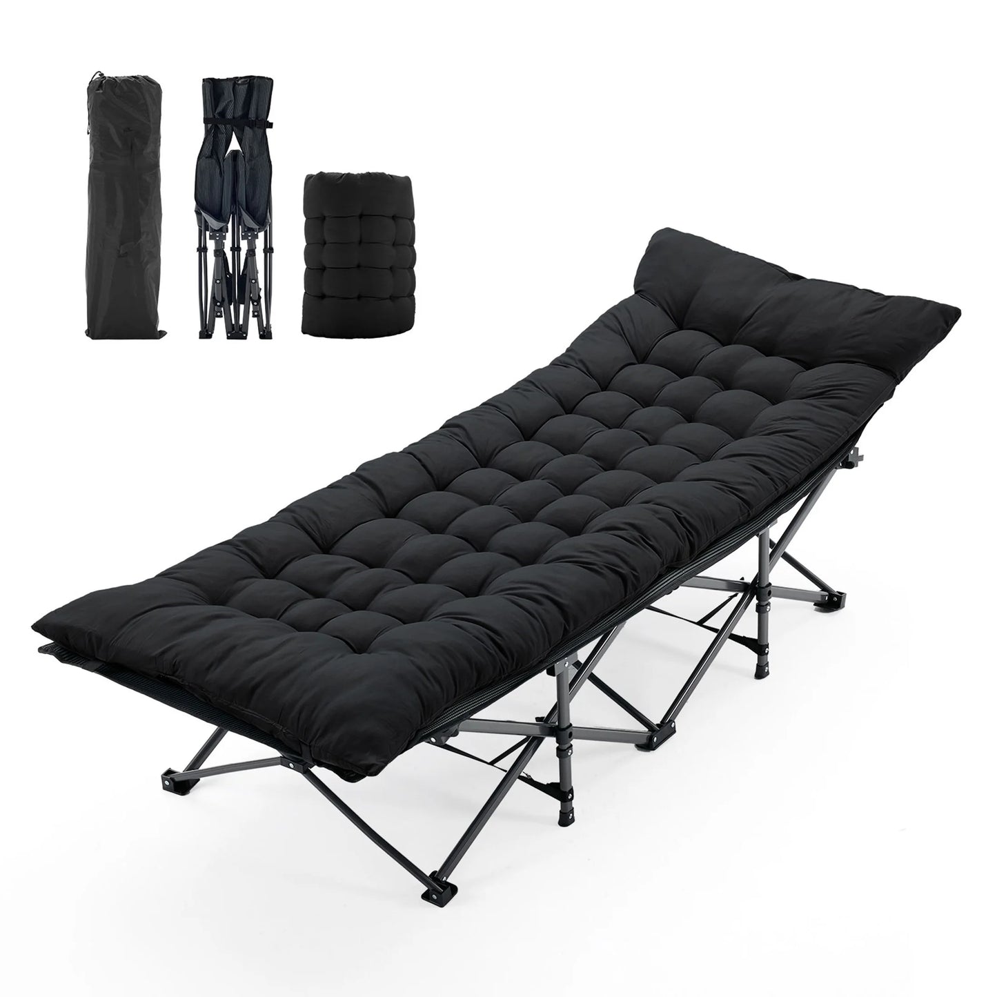 Folding Camping Beach Lounge Chair Portable 3.5'' Cushion 440 Lbs Sturdy Frame Compact Carry With Storage Bed for Outdoor