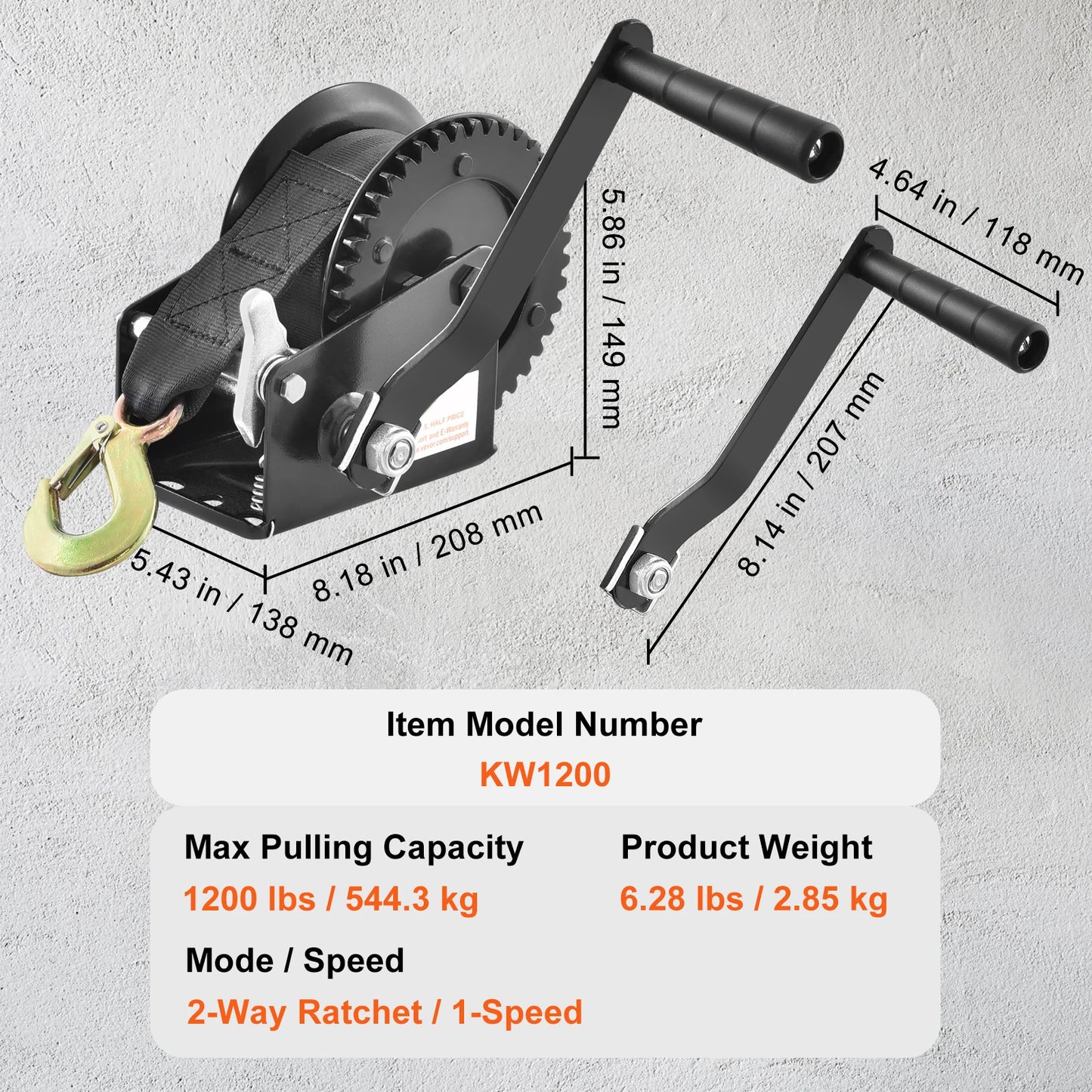 Hand Winch Boat Trailer Winch Heavy Duty Rope Crank Polyester Strap & Two-Way Ratchet Manual Operated Hand Crank Winch