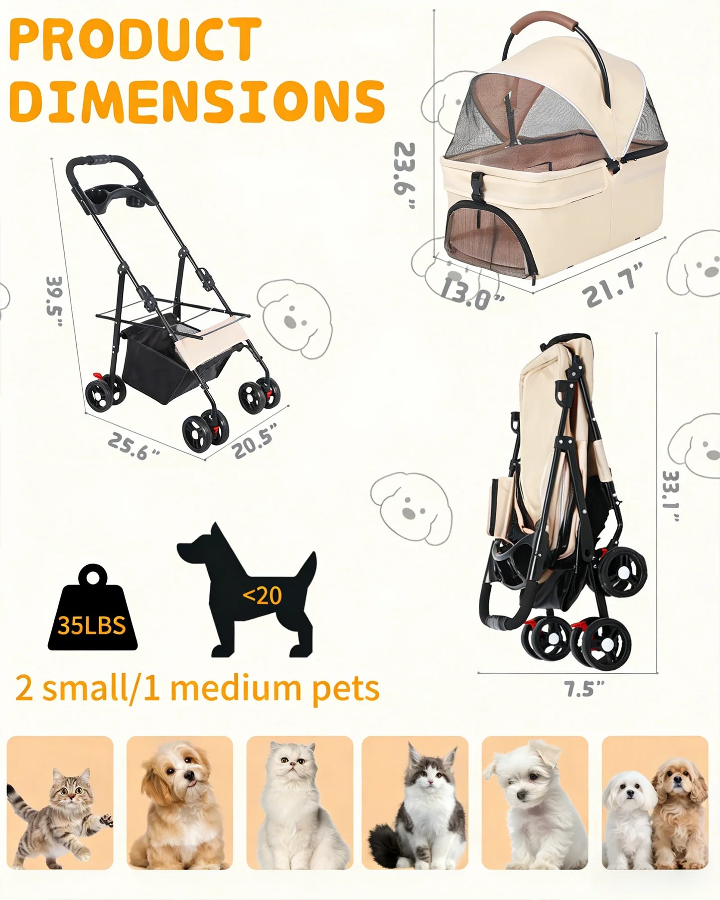 2-in-1 Pet Stroller for Small Dogs, Cats, Foldable Lightweight 4 Wheel Dog Stroller with Removable Carrier Travel Portable Pet Cart