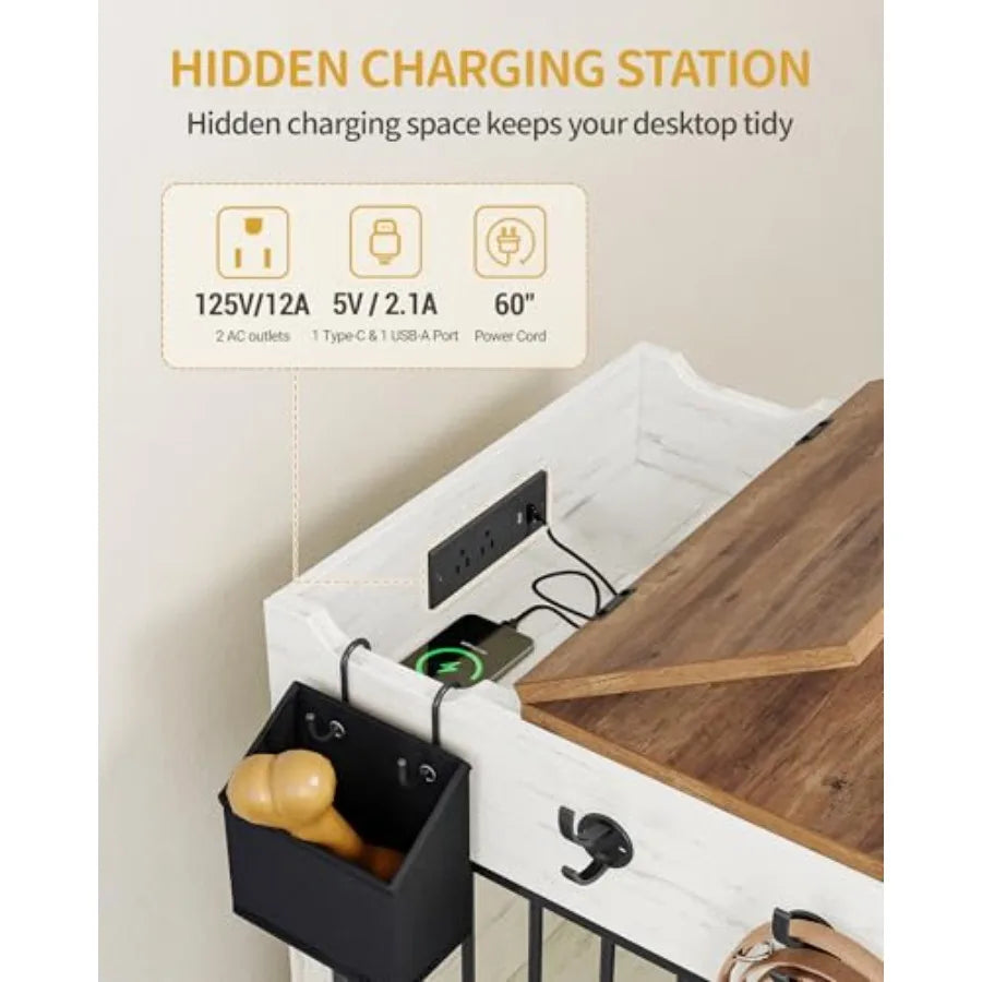 24.6'' Dog Crate Furniture with Charging Station, Dog Kennel Indoor with Flip-Top Storage, Wooden Pet Cage Dog House End Side Table