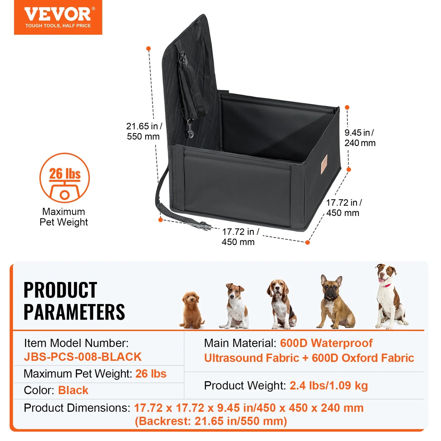 Dog Car Seat Waterproof Dog Booster Seat Pet Car Seat with Clip-On Safety Leash PP Cotton Car Bed for Medium Large Dog