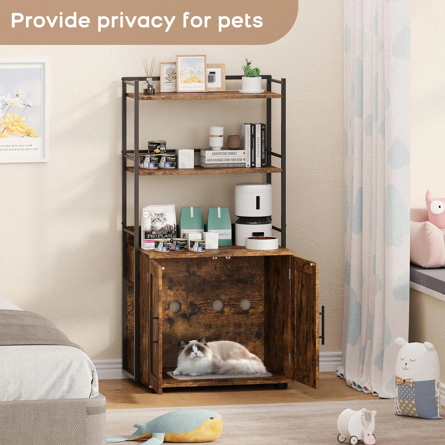 2-in-1 Hidden Cat Litter Box Enclosure Odor Control 3 Metal Shelves Storage Cabinet Multi-Purpose Cat Washroom Furniture