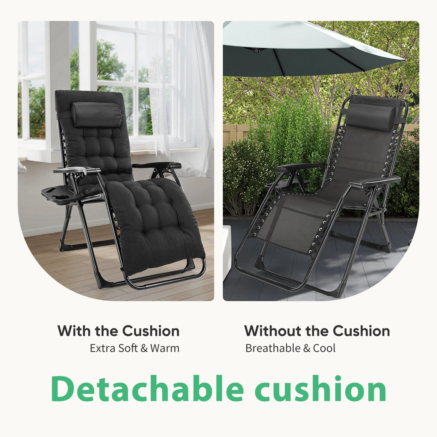 Zero Gravity Recliner Camping Patio Lounge Chair Folding Portable with Cup Holder Trays Removable Cushion For Outdoor Garden