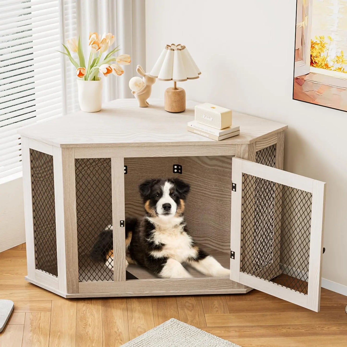 Corner Dog Crate Furniture, 52 inch Decorative Pet Crate with Metal Mesh, Wooden Dog Kennel Indoor Use for Small, Medium