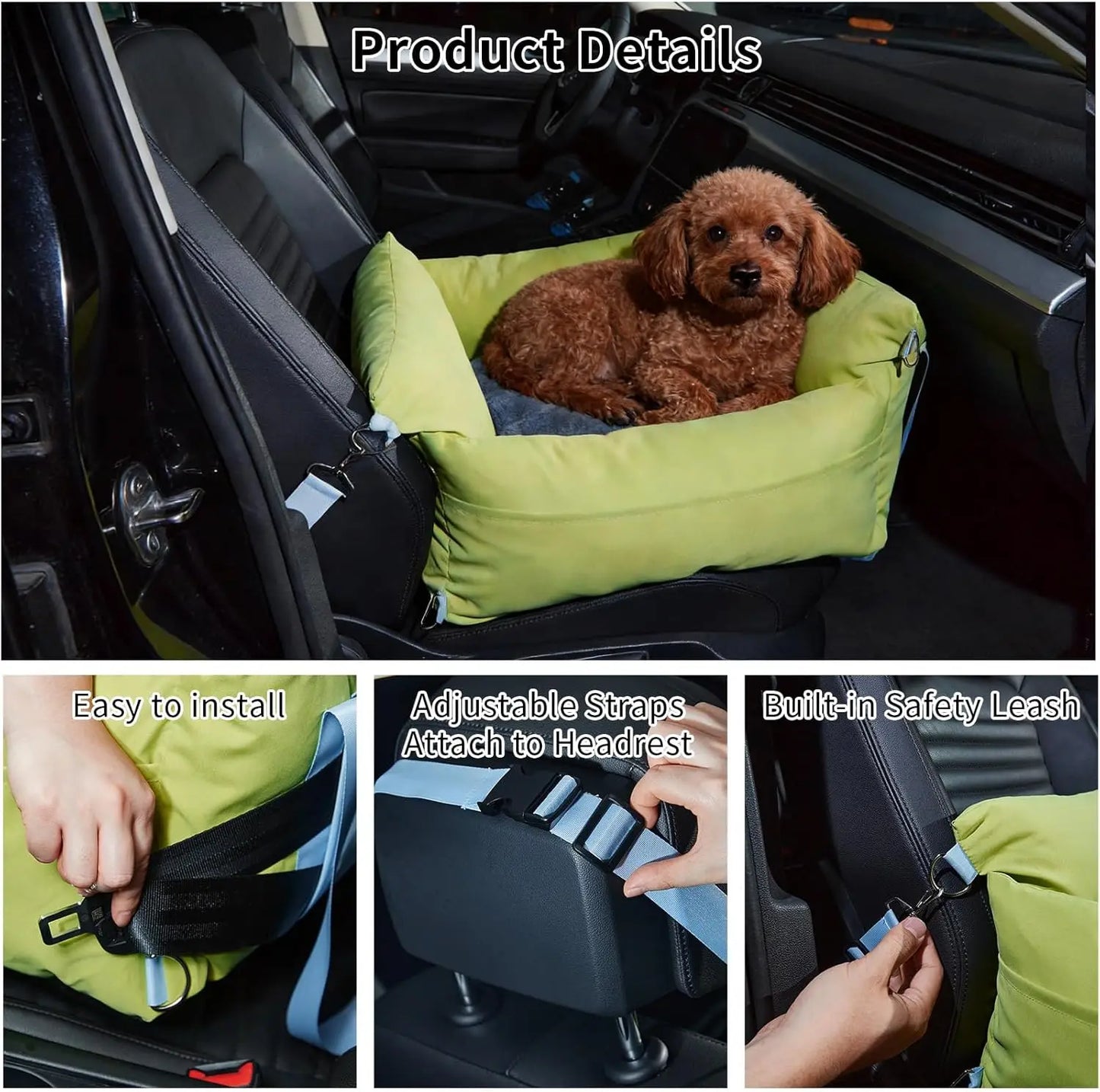 Comfort Bed Travel Carrier Car Seat for Small Dogs, Cats, Waterproof Pet Booster Seat with Safety Leash & Storage Pockets