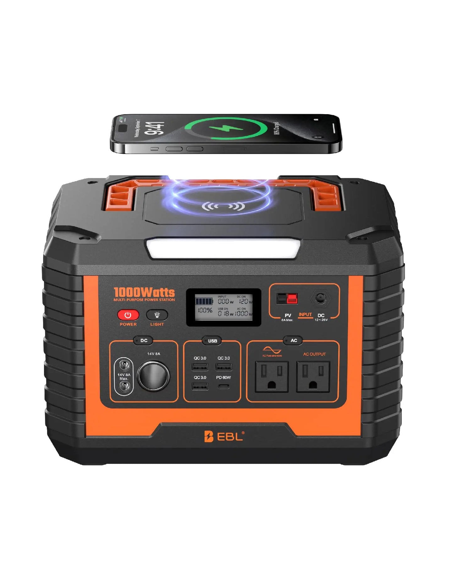 Portable Solar Generator 1000W Power Station Wireless Charging 110V Pure Sine Wave AC Outlet with PD 60W Fast Charge Battery