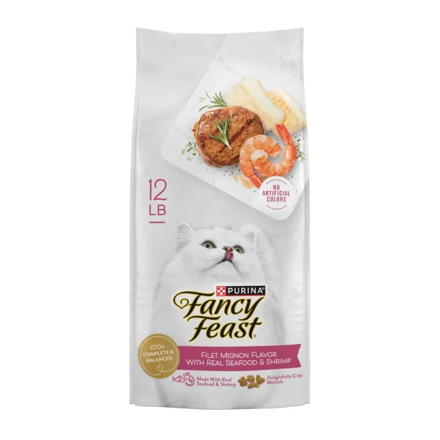 Dry Cat Food Filet Mignon Flavor with Seafood and Shrimp, 12 lb Bag