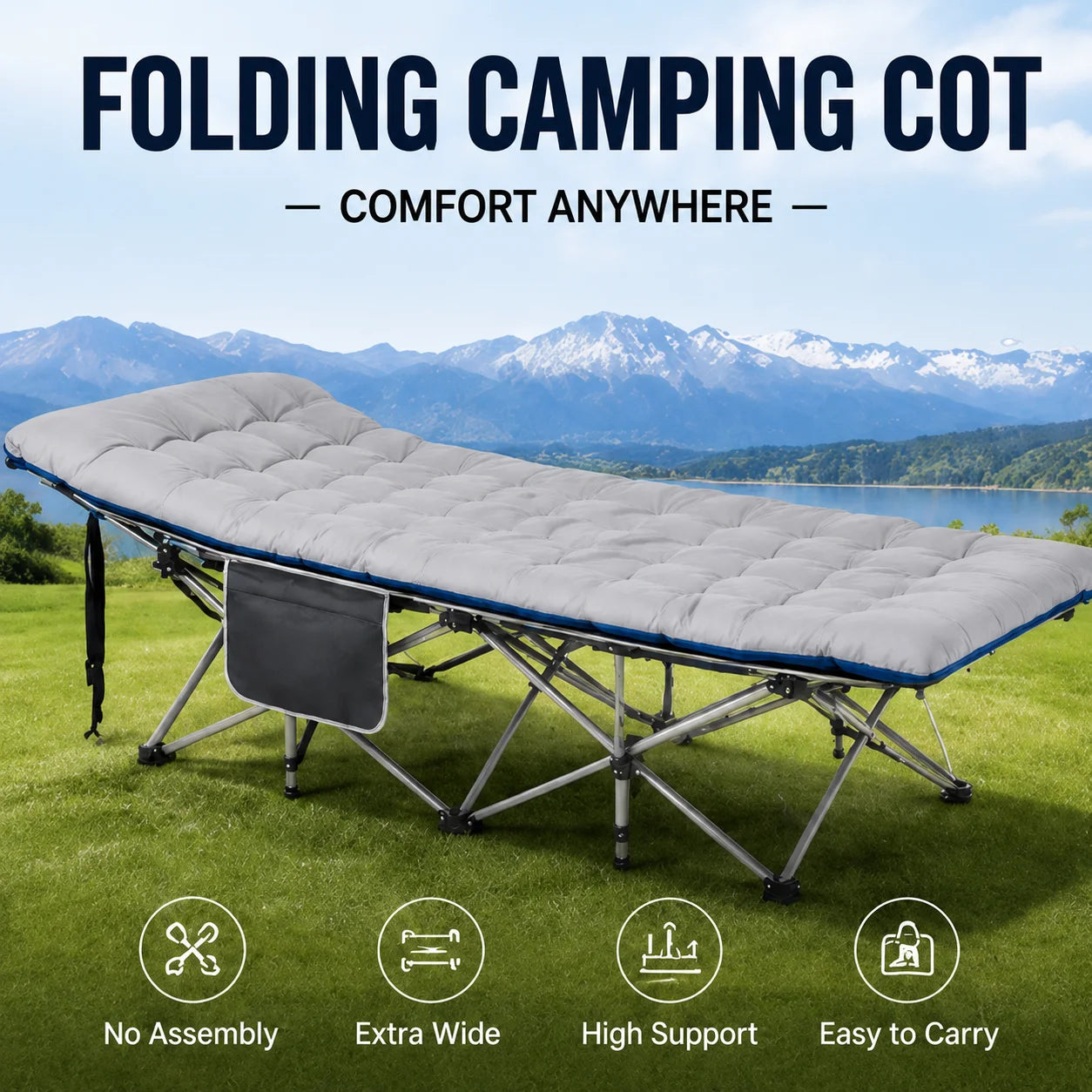 Portable Folding Camping Cot with Thick Mattress – Extra Wide Outdoor Bed with Side Pocket – No Assembly Needed, Heavy Duty Steel Frame for Tent, Hiking, Travel – Easy Carry Sleep System