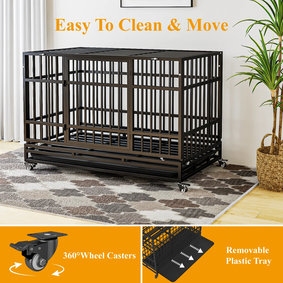 48" Heavy-Duty Dog Crate, Escape-Proof Steel Cage for High Anxiety Dogs with Double Doors, Lockable Wheels & Removable Tray, Indoor Outdoor