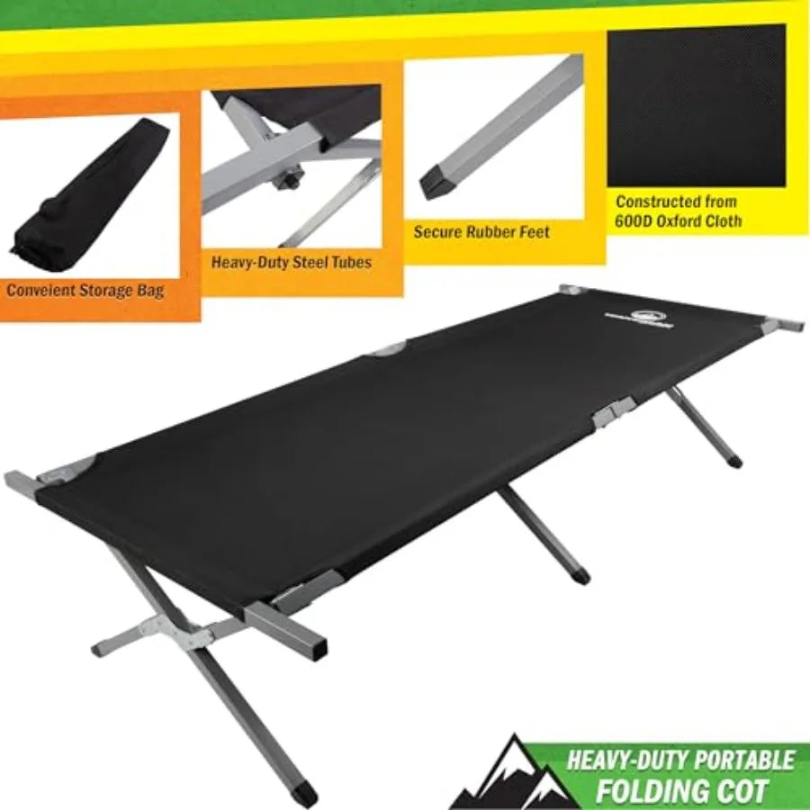 Camping Cot - Portable Folding Camp Bed - 600D Sleeping Cot for Adults with Steel Frame by Outdoors Black