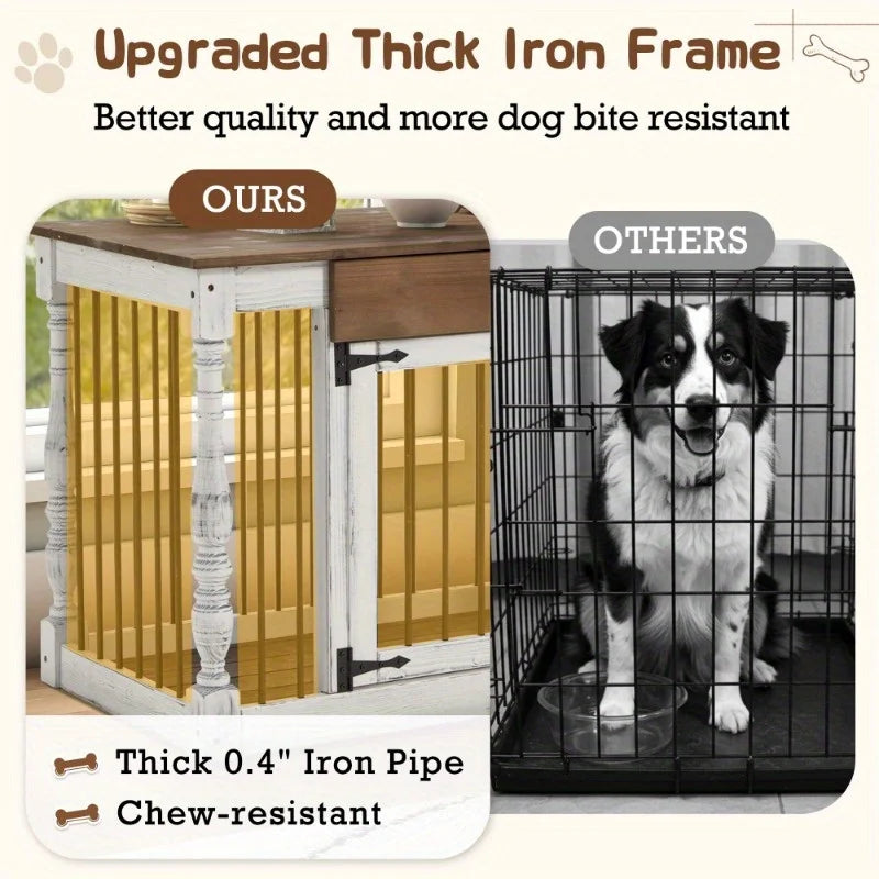 39" Wood Dog Crate End Table for Small & Medium Dogs, Elegant Indoor Kennel Furniture with Roman Column Design, White