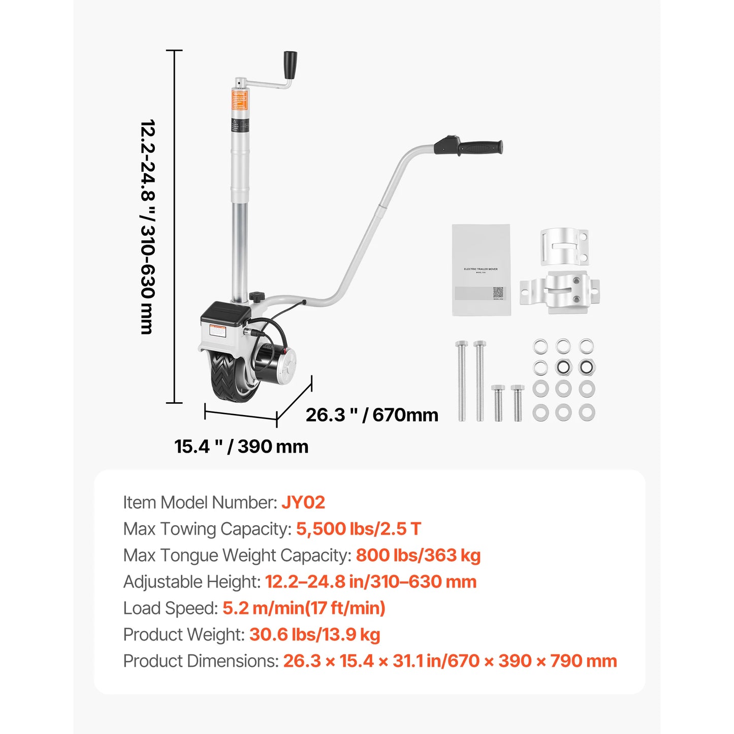 5000lbs Electric Trailer Dolly 12V Trailer Jockey Wheel with 22 ft/min Speed & Adjustable Height for Moving Caravan