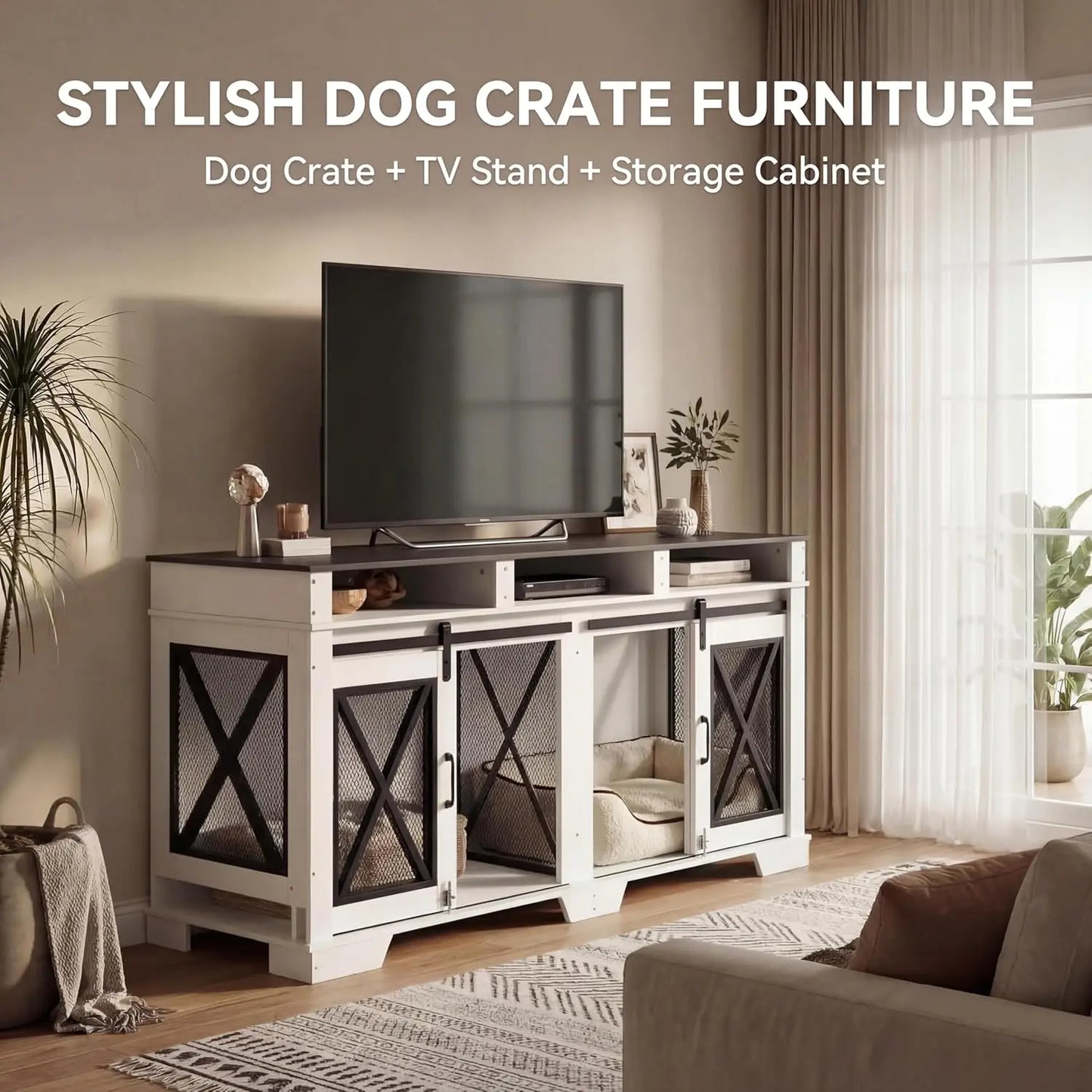 71" Double Dog Crate Furniture with Sliding Doors, Wood & Metal Dog Cage with Divider, Large Dog Kennel, Indoor Crate TV Stand
