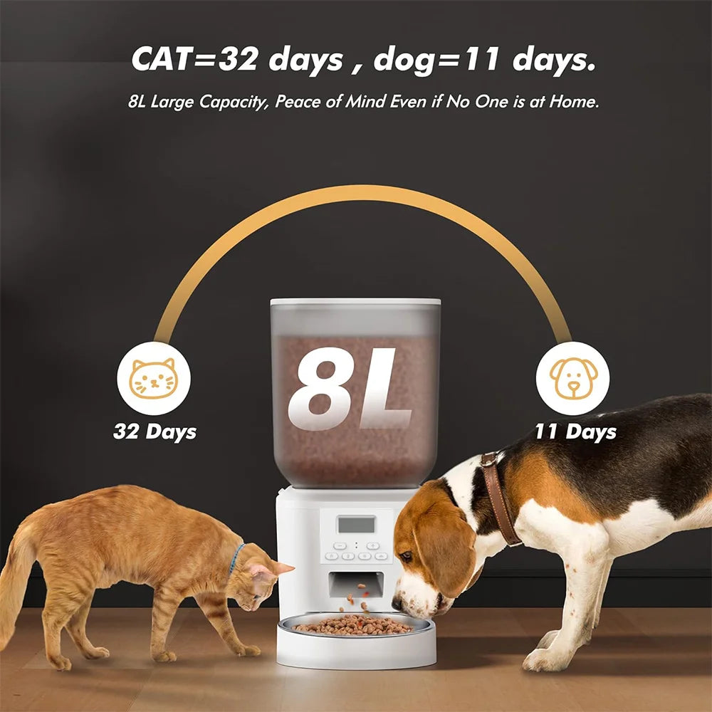8L Automatic Cat Feeder, Smart Pet Food Dispenser with Key Control, Voice Recorder, Dual Power Supply, Timed Auto Dog Feeder with Stainless Steel Bowl