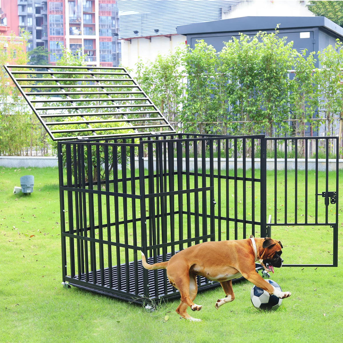 Large Heavy-Duty Dog Crate with 4 Lockable Wheels, 3 Doors, and Tray Metal Pet Kennel Cage Playpen for Medium, Large Dogs