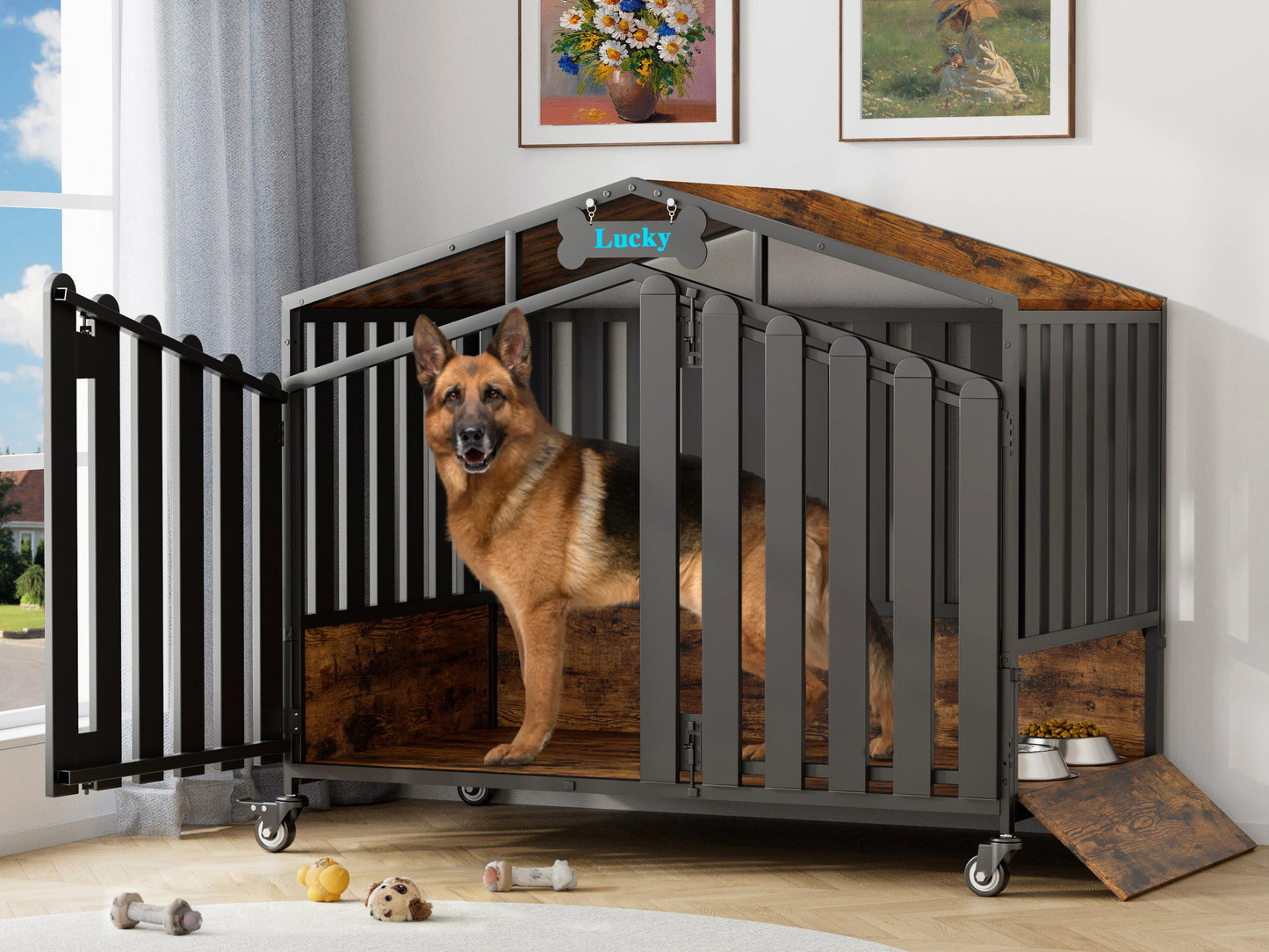 31"/41"/48“ XL Heavy Duty Dog Crate Furniture with Wheels, Dog Crates for Large Dogs Extra-Wide Thick Steel Plates for Chew Resistance