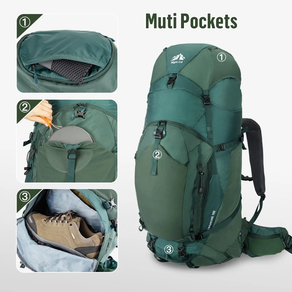 Internal-Frame Hiking Backpack: 100L Large Camping Backpack for Men Women Hiking Climbing Traveling Waterproof Rain Cover