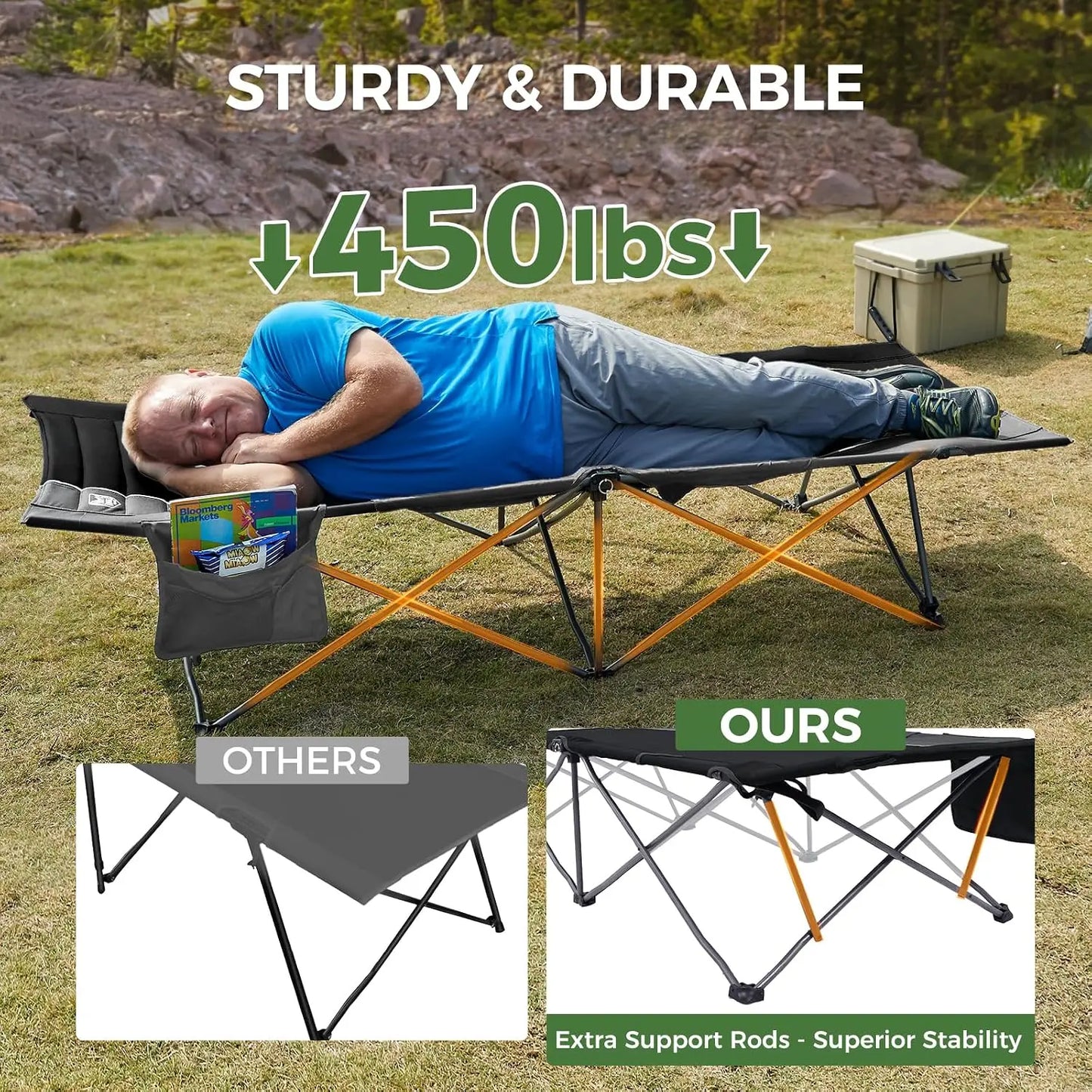 Extra Wide Heavy Duty Camping Cot for Adults, 32.5in Oversized Sleeping Cot with Carry Bag, Easy Set Up, Supports 450lbs, Black