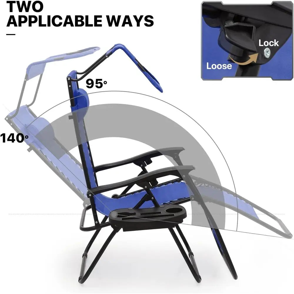 2-Piece Zero Gravity Recliner Set with Shade, Outdoor Patio Lounger, Cup Holder, Ideal for Beach or Camping, Blue