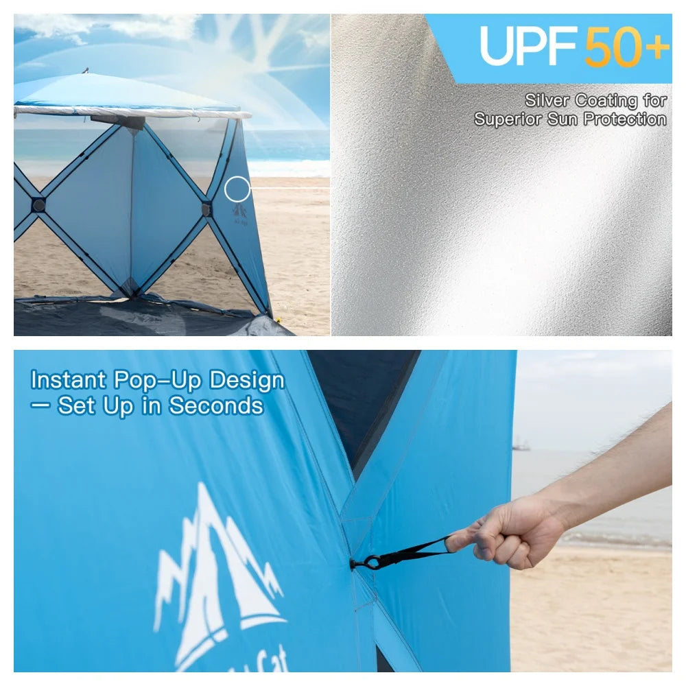 Pop-up Beach Tent: 3-4 Persons Beach Shelter with Canopy and Footprint, UPF 50+ UV Protection Backyard Camping Outdoor Canopy Poles Not Included